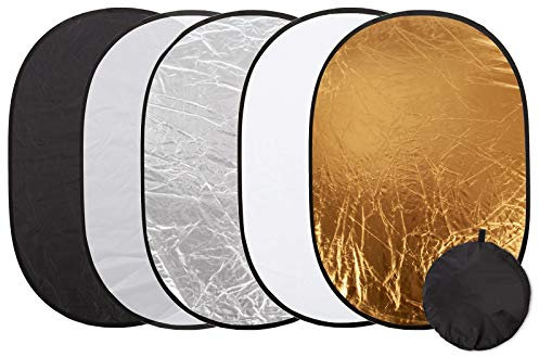 5-in-1 Collapsible Light Reflector 60x90cm Studio Photography Portable Oval Diffuser Light Reflector with Carrying Case, Multi Disc Translucent, Silver, Gold, White and Black