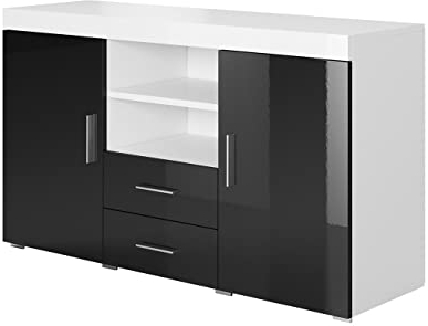 MB Muebles Bonitos, Aparador Roque para Salón Comedor Moderno, Mueble TV de Melamina, Blanco y Negro Brillo, 140x80x40 cm