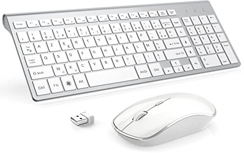 JOYACCESS Clavier Souris sans Fil, 2,4Ghz Ultra-Fins Compacte Clavier, Portable Silencieux 2400 DPI Ergonomique Clavier Souris pour PC, Smart TV, Ordinateur (AZERTY Disposition) - Blanc Argent