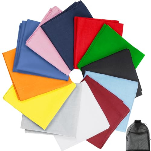 URATOT 12 Pieces Solid Colors Cotton Bandana Handkerchiefs Multifunction Headbands, Assorted 12 Colors