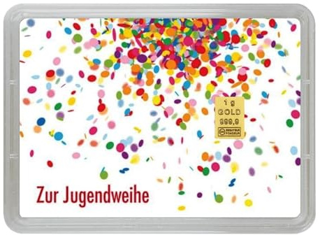 Goldstücke24 - Goldbarren 1g – Geschenk Motivbox “Zur Jugendweihe” Tolle Geschenkidee - Feingold 999,9