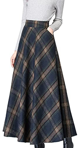 TEERFU Womens Plaid Wool Skirts Elastic High Waist A-Line Pleated Tartan Winter Fall Long Skirts Blue