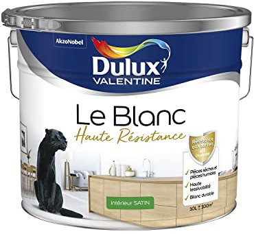 Dulux Valentine Le Blanc Haute Resistance - Peinture Intérieure Murs, Plafonds et Boiseries - Pièces sèches et humides - Satin Blanc 10 L