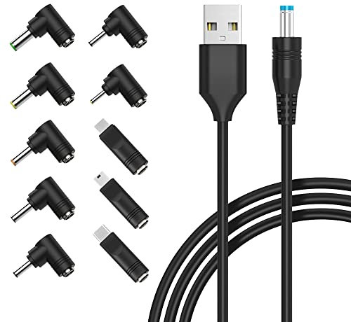 USB to DC Power Cable, Zolt Univeral 5V Power Cord DC 5.5 x 2.1mm barrel Jack Adapter with 10 Plugs, 5.5 x 2.5mm, USB Type C, Mirco USB, Mini USB, 4.8 x 1.7mm, 4.0 x 1.7mm and more