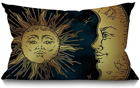 BGBDEIA Goldene Sonne Halbmond und Sterne über blauem schwarzem Himmel, Baumwollleinen, dekorativer Kissenbezug für Couch, Sofa, Bett, 30 x 50 cm