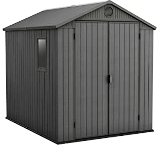 Keter Darwin - Capanno da giardino a doppia porta, 1,8 x 2,4 m, effetto legno Evotech+, non sbiadisce, resistente alle intemperie, sicuro e sicuro, nessuna manutenzione