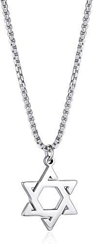 Joxevyia Star of David Necklace Stainless steel David Star Jewish Star Pendant on round Box Chain Dainty Religious Necklaces Gifts for Men Guys Son (16IN, SILVER)