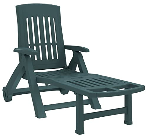 vidaXL Folding Sun Lounger with Adjustable Backrest, Portable Outdoor Seat, Durable Plastics, Lightweight Design with Wheels, Space-Saving Foldable Feature, Comfortable Garden Reclining Chair - Green