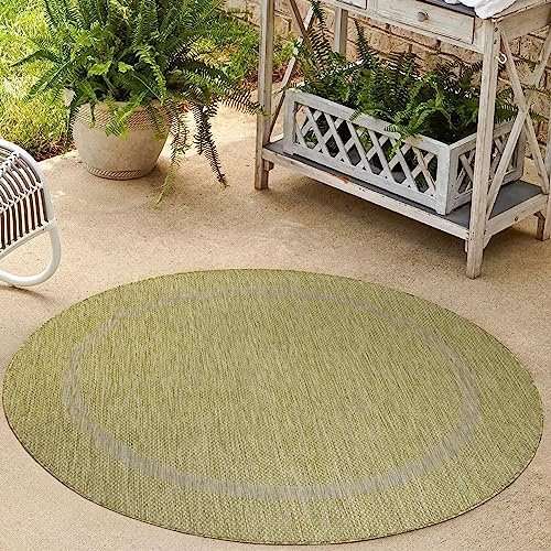 HomebyHome Waschbarer In & Outdoor Teppich Wetterfest 160 cm Rund Grün - Balkon Teppich Wasserfest - Teppich Küche 160 cm Rund Bordüre Design Camping Garten Terasse
