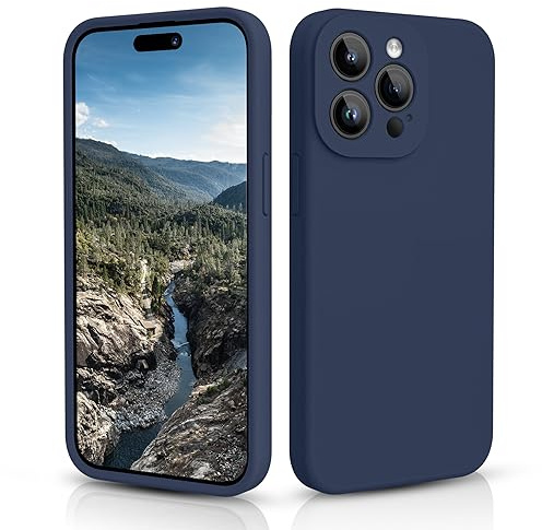 CALOOP Slim-Fit for iPhone 15 Pro Max Case,Skin Soft Liquid Silicone,Sturdy Hard Frame Shockproof Cover with Anti-Scratch Microfiber Lining,Full Protection for Screen and Lens,6.7 inch(Navy Blue)
