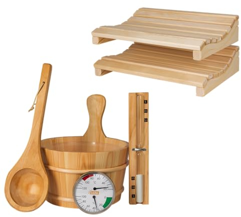 SUNNYDEALS klassisches Saunazubehörset | Saunaset 5-teilig aus naturbelassenem Holz | Saunaeimer & Kunststoffeinsatz 4l | Saunakelle | Temperaturmessgerät | Sanduhr | 2X Sauna Kopfstütze