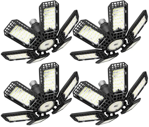 XILLUMI CORE 4 Pack Garage Lights, 28000LM Super Bright LED Shop Lights with 6+1 Deformable Panels, 6500K Garage Light Ceiling Led, E26 Socket Screw in Bulb for Warehouse, Workshop, Basement, Attic