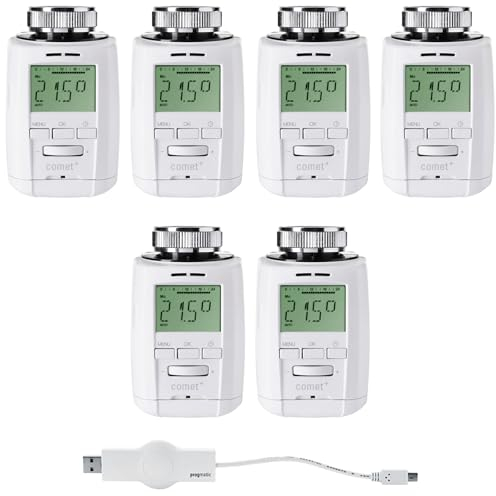 Eurotronic Comet Plus Heizkörperthermostat Set - Intelligente Heizungssteuerung für 6 Heizkörper inkl. PROGmatic-Stick für Programmierung am PC