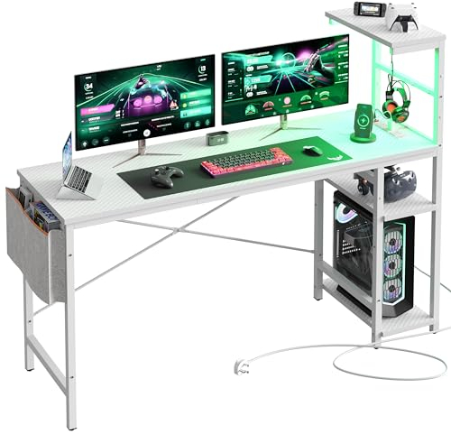 Bestier 155CM Eck-Computertisch mit Steckdosen Computertisch mit LED-Leuchten Umkehrbarer Schreibtisch mit Seitentasche Aufbewahrungstasche & Zubehöraufhänger für Home Office Small Space Weiß