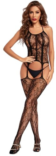 MOANATURA Conjunto Lencería Mujer. Body Mujers. Ropa Interior Sexy. Conjuntos de Lenceria Bodys Encaje y Medias de Malla de una Pieza. Lencería Color Negro para Fiesta. Talla Única. (Body Mujer 5)