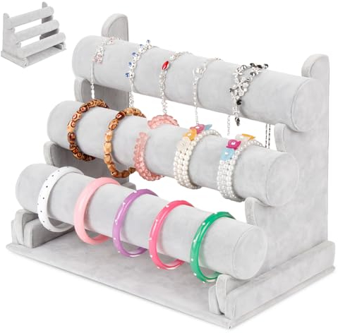 TOATELU Supporto da Polso in Velluto per Gioielli a 3 Ripiani, Staccabile, Espositore per Orologi, Collane e Bracciali, Grigio