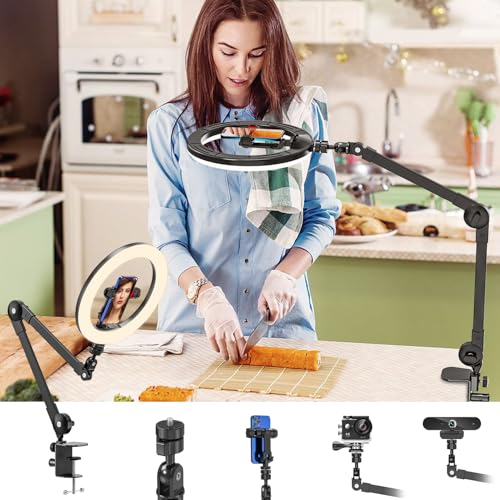 Jubor 10 Ring Light avec Trépied pour Bureau, Ring Light LED avec Support de Téléphone, Support pour Anneau Lumineux avec 3 Modes de Lumière 10 Luminosité pour Youtube, TikTok, Selfie, Live Stream