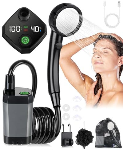 fezori Portable Shower, Camping Shower Pump with Rechargeable 6000mAh Battery and Sinking Bottom Design, Outdoor Shower IPX7 Waterproof with Temperature Display for Camp, Car Washing, Pet Bath (Grey)