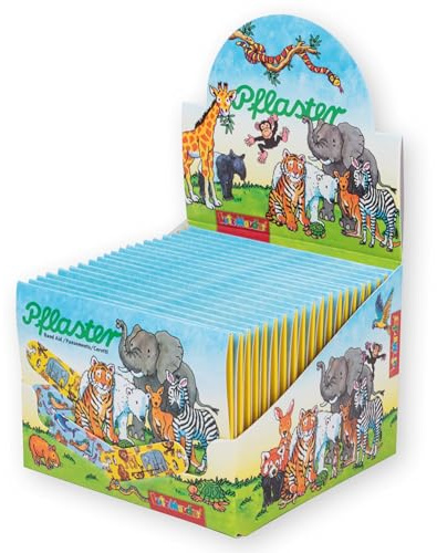 Lutz Mauder Kinder Pflaster Display Set mit 20 Pflasterbriefchen Zootiere mit je 10 Pflastern in 2 Größen (200 Einzelpflaster), Kita, Kindergarten, Arzt, Hort, Erzieher, Geburtststag, Gastgeschenk