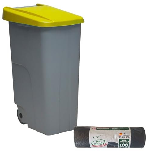 WELL HOME MOBILIARIO & DECORACIÓN Contenedor Cerrado 85L Amarillo H.76cm + Rollo 10 bolsas de basura 100L