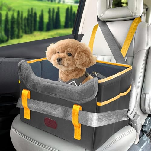 ThreeDokke Asiento Perro Coche Homologado, Elevado Estable, Transportin Perro Pequeño Coche Impermeable y Plegable con Correa de Seguridad para Asientos Delanteros y Traseros