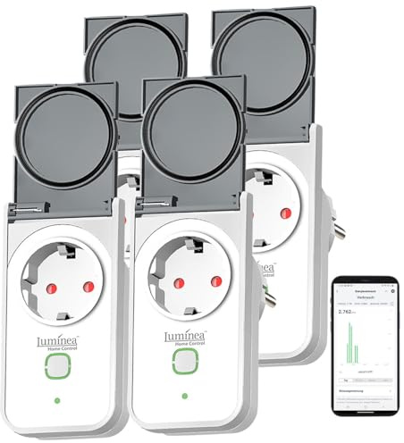 Luminea Home Control Smart-Steckdosen Alexa: 4er Outdoor-WLAN-Steckdose, Energiekostenmesser, App, Matter (Alexa kompatible Steckdose, Stromzähler-Steckdosen außen, Zähler)
