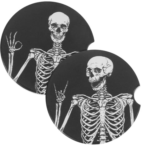 Amosfun 2pcs Ceramic Skull Design Car Cup Holder Coasters, Non-slip Goth Drink Bar Coasters for Halloween Car Accessories, Home and Office Protection Pads