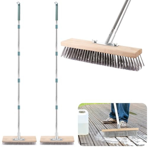 LOLYSIC 2Pcs Stainless Steel Wire Broom - 63 Heavy Duty Wire Broom, Long Handle Stiff Metal Bristle Floor Scrubbing Brush for Patio Deck Yard Outdoor Concrete Floor Cleaning Moss Tough Stains