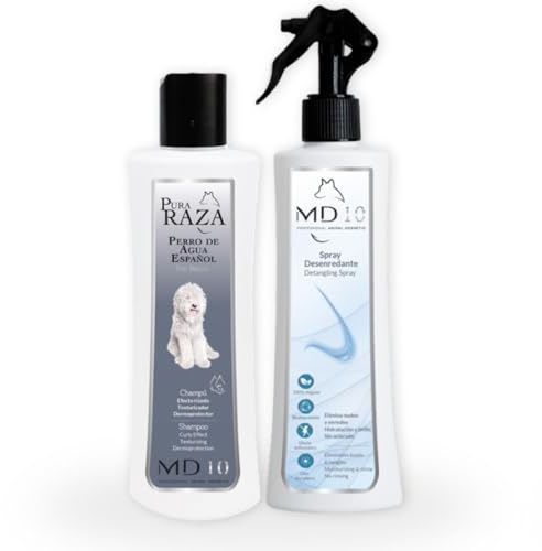 Pack Rutina Limpieza - Champú para Perro de Agua Español Blanco 300ml + Spray Desenredante e Hidratante para Perros sin Aclarado 300ml - Rutina Higiene Completa para Perro de Agua - MD10 Collection