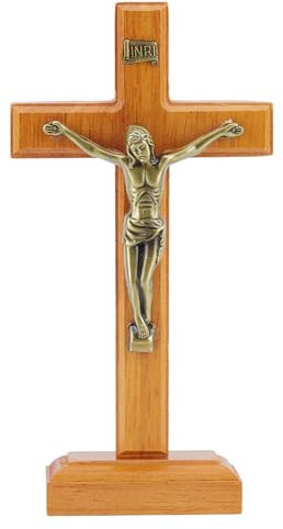 HOBBIESAY Stehendes Kruzifix Kreuz 19.5cm Hölzernes Tischkreuz Ornament Stehend Dunkelorange Hölzernes Wandkreuz Mit Ständer Katholisches Kruzifix Kreuz Dekoration Für Die Inneneinrichtung
