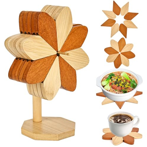 bssmmai Topfuntersetzer Hitzebeständig Bambus, Kreative Untersetzer Holz in Windmühlenform, 5 Holzuntersetzer Pinwheel Tischdekoration Bambus Topfmatte für Geschirr Topf Schüssel Teekanne