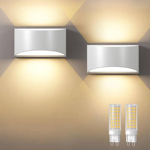 Uwithm Wandlampe mit Austauschbarer G9 LED lampe Warmweiß 3000K,Aluminium LED Wandleuchte Innen/Aussen,Aussenbeleuchtung für Wohnzimmer Garten,IP65 Wasserdichte Wandleuchte(2 Stück weiß)