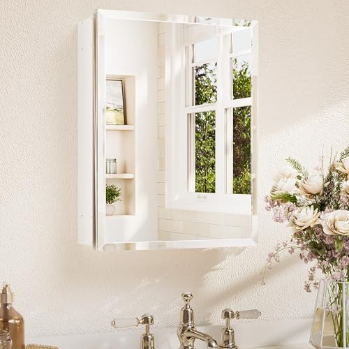 TETOTE 14 x 18 Medicine Cabinet with Tempered Beveled Mirror White Bathroom Mirror with Storage Aluminum Cabinet DTC Hinges, Stepless Adjustable Shelf, Recessed/Surface-Mounted