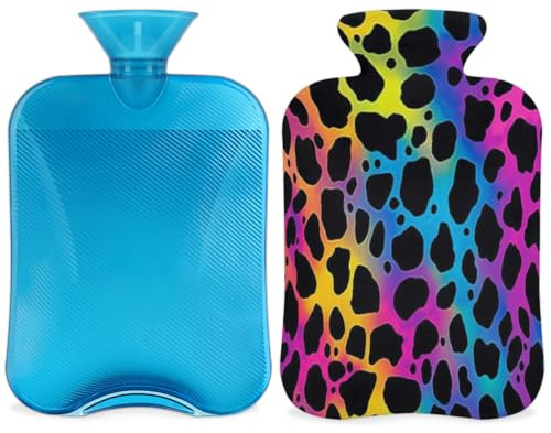 Bolsa de agua caliente con diseño de leopardo animal con funda, bolsa de agua caliente de 2 litros para aliviar el dolor, cuello y hombros, calentador de manos y pies