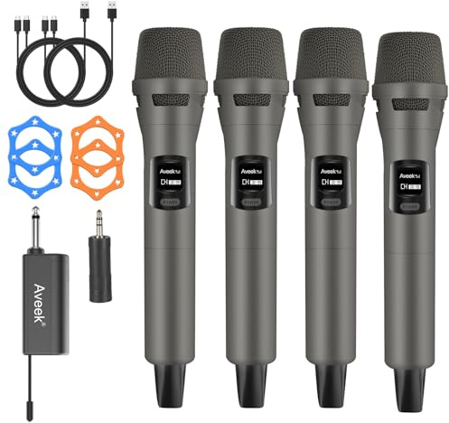Aveek 4 Packs Wireless Microphone System, Plug & Play Karaoke Microphone Set for Singing, Parties, Church, Weddings, Events, Compatible with Speaker & Amplifier