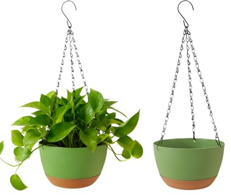 MxSplorion Hanging Basket, 20cm Outdoor Hanging Plant Pot Basket,Flower Pot with Drainage Hole with Chain Hooks for Garden Home, Green 2pcs