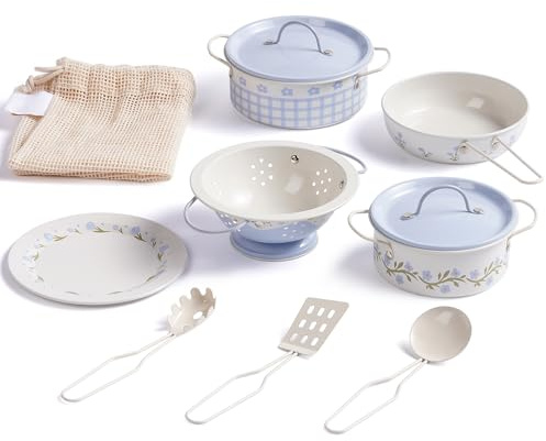 ROBOTIME Leksaksgrytor och pannor för barn, tennplatta, låtsas matlagningsredskap, kök köksredskap set, lek kökstillbehör med nätväska, grädde fransk stil för barn, småbarn 3+ (blå)