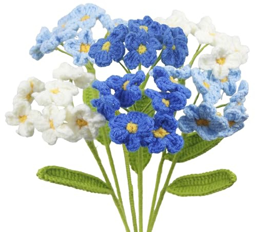 CEWUDA 6 Pz Fiori Uncinetto Bouquet Forget Me Not Fiori Fatti a Mano Blu Artificiali Fiori Intrecciati all'Uncinetto per Bouquet di Nozze Anniversario Compleanno San Valentino Regali per Mamma Donne
