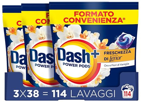 Dash Power Pods Detersivo Lavatrice In Capsule, 114 Lavaggi (38x3), Freschezza Di Lenor, Oro e Fiori di Vaniglia, Freschezza che dura 7 Giorni, Pulizia Impeccabile