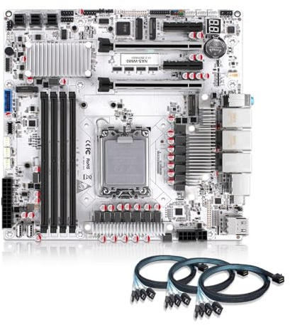 SJRC W680 NAS Motherboard Micro ATX 12 Bay, 10 GbE & 2 x 2.5GbE RJ45 LAN, LGA 1700 mATX PC Mainboard 3 x NVMe, PCIe5.0 x16 Server Board 16G DDR5 RAM 256G SSD (3xSFF-8643 Cable)