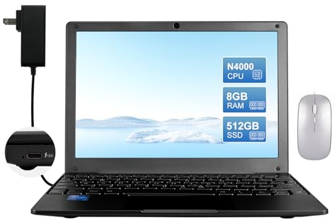 HBESTORE10.1 Mini Laptop, IPS Display - with Celeron N4000 (Up to 2.6GHz), 8GB RAM 128GB SSD Windows 11 OS, Lightweight & Powerful Small Computer (Black, 8GB+512GB)