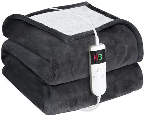 Cushious Heated Electric Blanket Throw 150x200cm, 10 Settings Heating,1-8h Timer Auto-Off, Overheat Protection, Machine Washable, Flannel and Sherpa Heated Blanket for Sofa Bed, Office