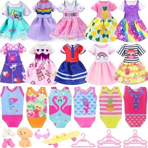 16 Teile Puppenkleidung und Zubehör für Mädchenpuppen 13-15 cm | Enthält 3 Kleider, 3 Badeanzüge, 2 Schuhe, 5 Bügel, 1 Skateboard, 1 Brille, 1 Hund, passend für 5,3-6 Zoll Puppen