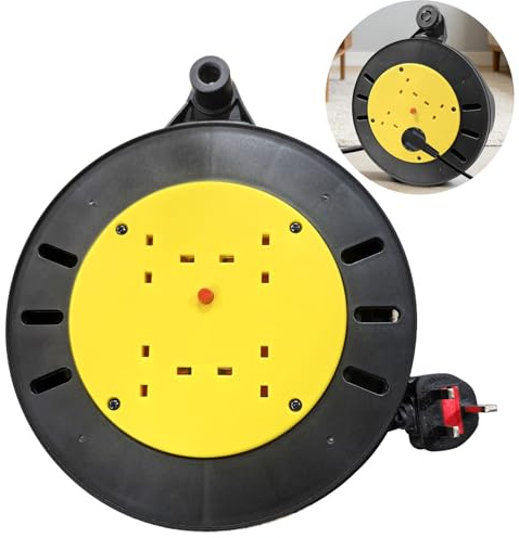 Outdoor Extension Lead 10m with 4 Sockets, Heavy Duty Cable Reel with Thermal Cut Out Protection, Portable Power Cord for Garden, DIY, Home, Office, Black and Yellow