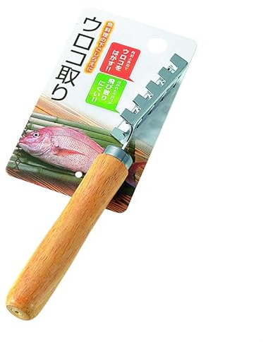 Japanese Sashimi Fish Scaler and Skin Remover with Natural Wooden Handle, Durable Chrome-Plated Steel Manual Descaler Tool for Home and Professional Kitchen