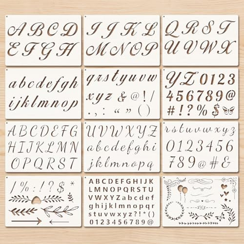 LYITZW 12 Pezzi Stencil per Pittura Riutilizzabili, Alfanumerico Modelli per Caratteri, Stencil per Lettere e Numeri, per Scrapbooking Fai da Te, Dipingere su Parete Mobili Legno Pannello Porcellana