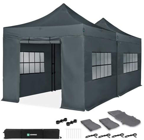 Vonroc Pavillon 6x3m wasserdicht stabil - Faltpavillon mit Seitenwänden | Popup Partyzelt modular erweiterbar - EasyUp System 3Min Aufbau - UV50+, extra robust - Festival Zelt, Gartenpavillon - Grau