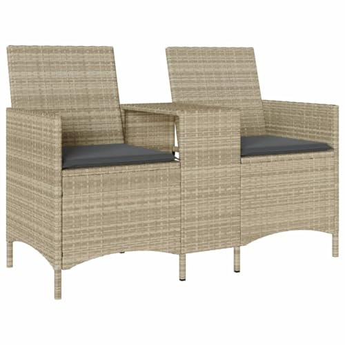 QJBSAVVA 2-Sitzer Gartensofa mit Tisch, Poly Rattan Gartenbank mit Sitzkissen, Loungesofa für Balkon und Terrasse, Hellgraues Outdoor Sofa aus PE-Rattan, 126 x 59 x 82 cm