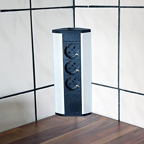 Trano Steckdose für Küche und Büro - Ecksteckdose aus Aluminium und hochwertigem Kunststoff ideal für Arbeitsplatte, Tischsteckdose oder Unterbausteckdose mit 3-Fach Steckdosenelement | 3er Steckd