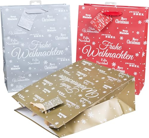HEKU 25 XL-presentpåsar, 33 x 26 x 13 cm, Merry X-Mas glitterdesign, tre färger (röd, guld, silver) I Inkluderar vikbara kort, högkvalitativt papper, perfekt för stora julklappar